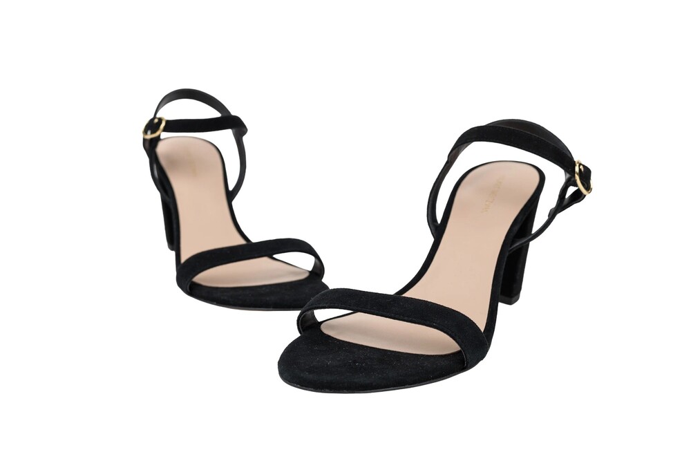 Stuart Weitzman Black Ankle Strap Block Heel Sandals Suede Gold Hardware Size 10